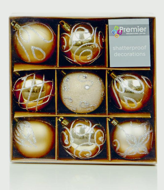 Premier 60mm  Decorated Balls Pack 9 Champagne Gold