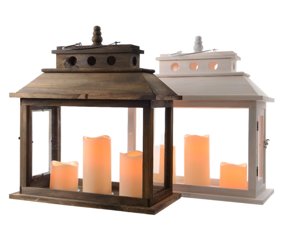 Kaemingk LED Wooden Lantern With 3 Candles & Timer 2 Assorted Colours: Brown / White