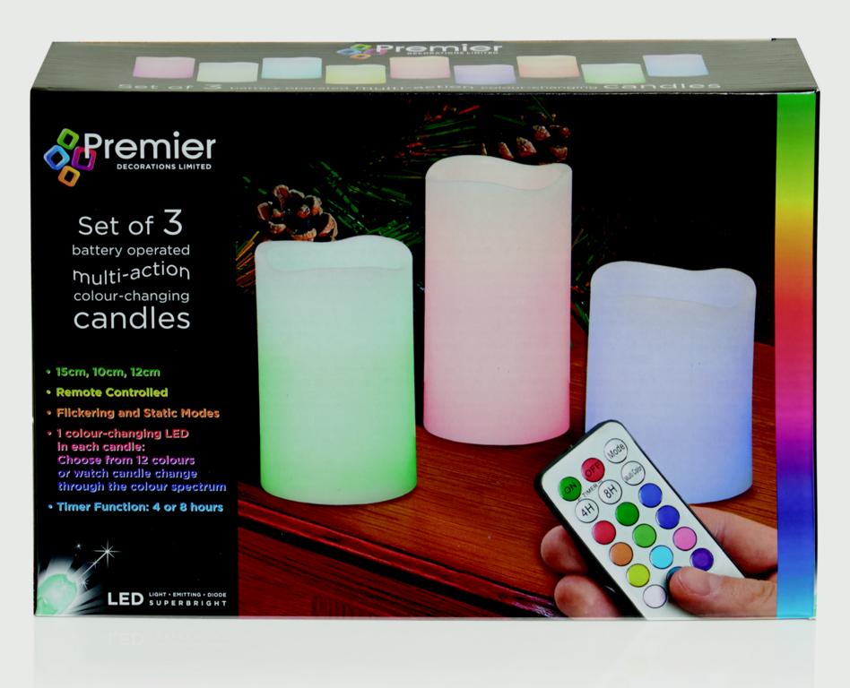 Premier Battery Operated Colour Changing Candles Set 3 With Remote Control