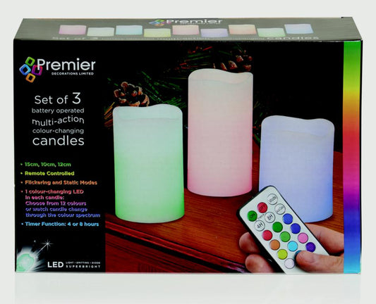 Premier Battery Operated Colour Changing Candles Set 3 With Remote Control