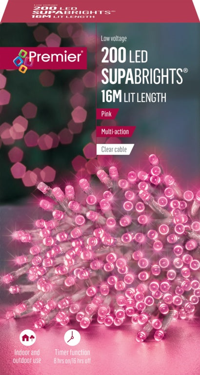 Premier Multi Action Supabrights 200 LED Pink & Clear Cable