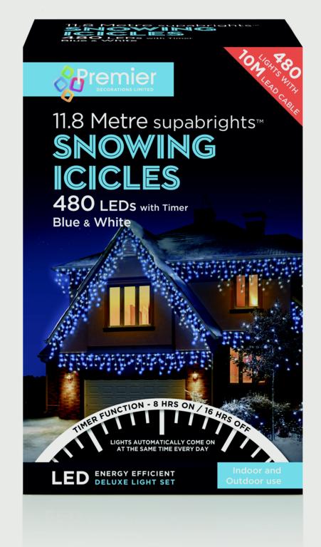 Premier Snowing Icicles With Timer Blue & White 480 LED