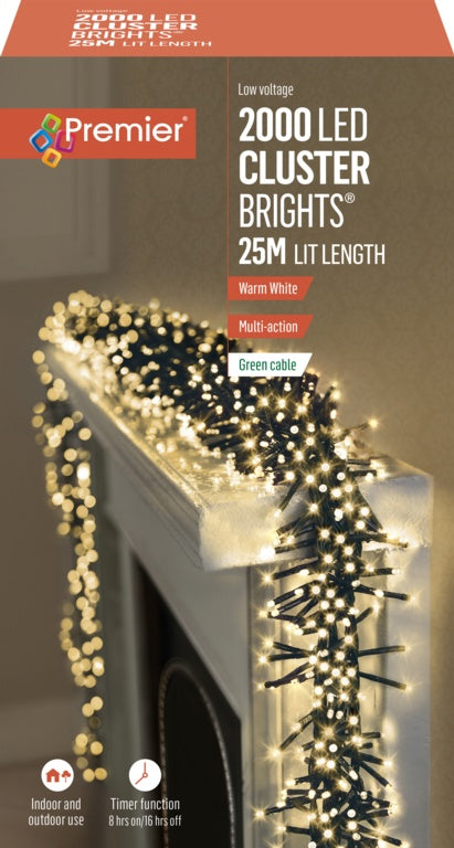 Premier Multi Action Clusters Brights With Timer 2000 LED Warm White/Green