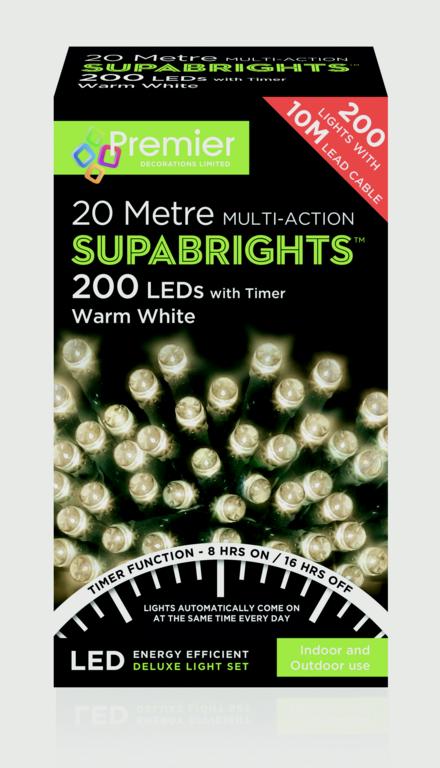 Premier Multi Action Supabrights With Timer 200 LED Warm White/Green