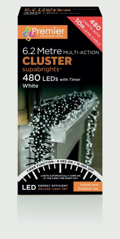 Premier Multi Action Supabrights Cluster Lights With Timer 480 LED White/Green