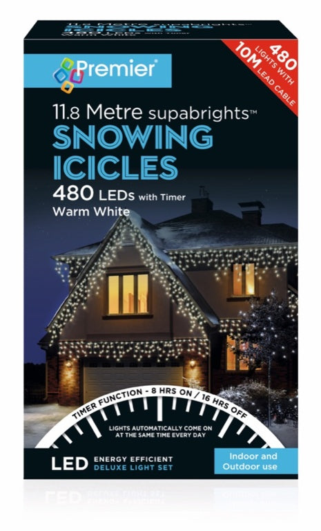 Premier Snowing Icicles With Timer Warm White 480 LED