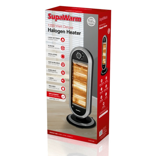 SupaWarm Deluxe Oscillating  Slim Portable  Halogen Heater 1200w 3 types Heat Settings