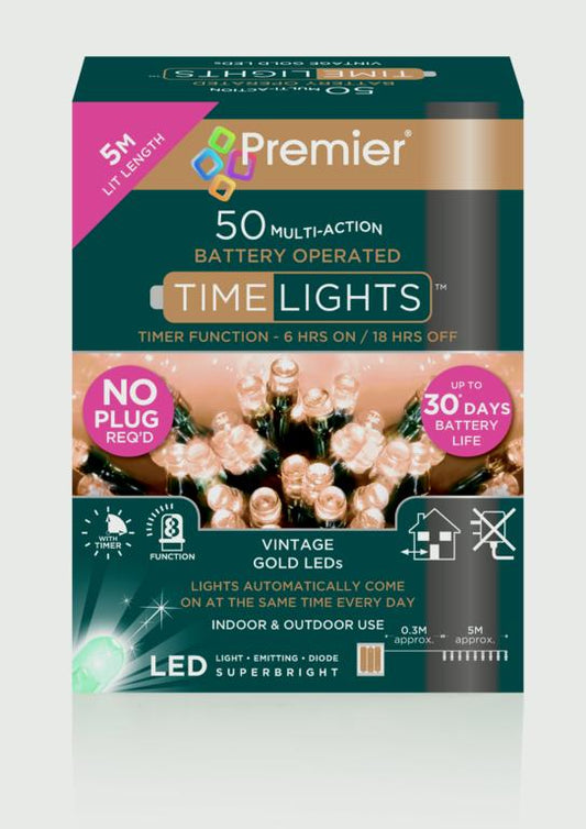 Premier Multi Action Battery Operated TIMELIGHTS™ 50 LED Vintage Gold/Green Cable