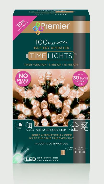 Premier Multi Action Battery Operated TIMELIGHTS™ 100 LED Vintage Gold/Green