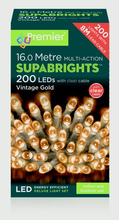 Premier Multi Action Supabrights 200 LEDs Vintage Gold with Clear Cable