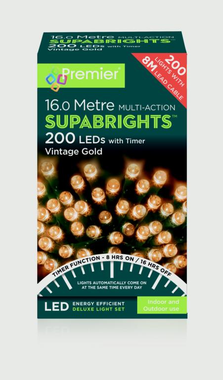 Premier Multi Action Supabrights With Timer 200 LED Vintage Gold/Green