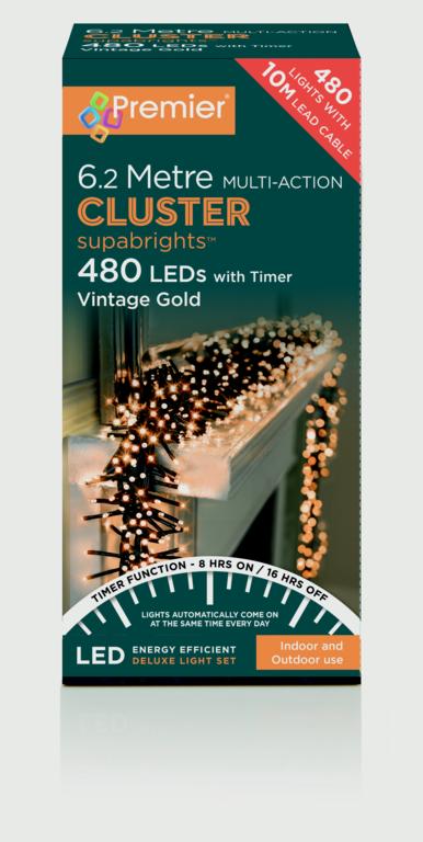 Premier Multi Action Supabrights Cluster Lights With Timer 480 LED Vintage Gold/Green