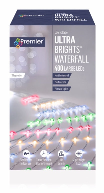 Premier UltraBrights Waterfall Lights 400 LEDs Multi Coloured Silver Wire