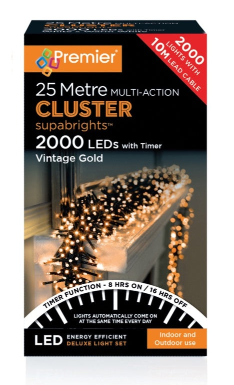 Premier Multi Action Supabrights Cluster Lights With Timer 2000 LED Vintage Gold/Green