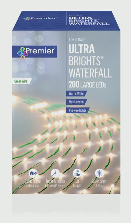 Premier UltraBrights Waterfall Lights 200 LEDs Warm White Green Wire