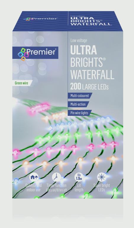 Premier UltraBrights Waterfall Lights 200 LEDs Multi Coloured Green Wire