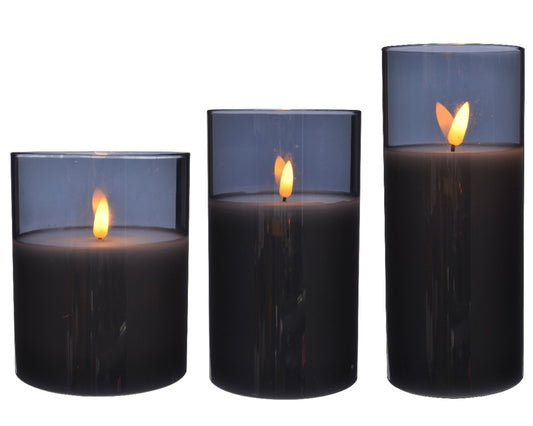 Kaemingk LED Wax Candle In Glass Smokie/White Set 3