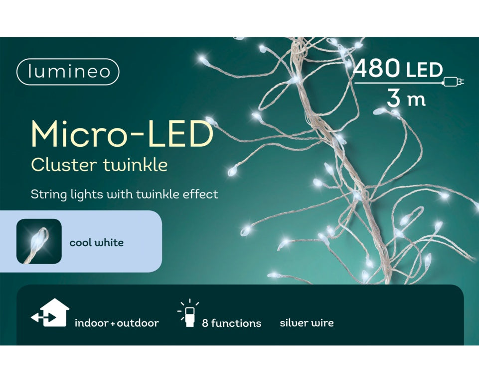 Kaemingk Micro LED Cluster Twinkle Lights 480 Cool White/Silver Cable