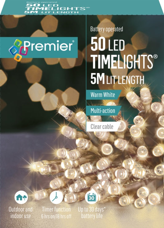 Premier Multi Action Battery Operated TIMELIGHTS™ 50 LED Warm White/Clear Cable