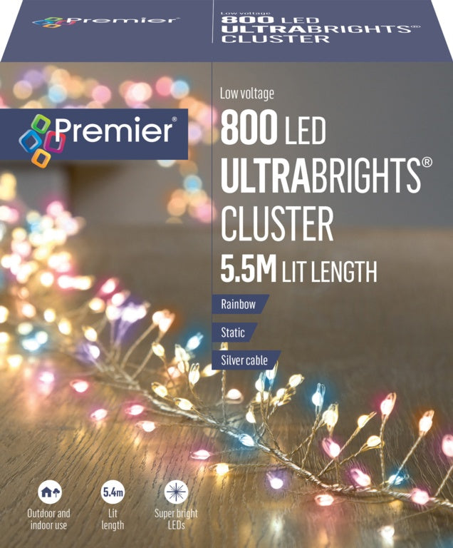 Premier 800 LED Ultrabright Cluster Lights Rainbow/Silver Wire