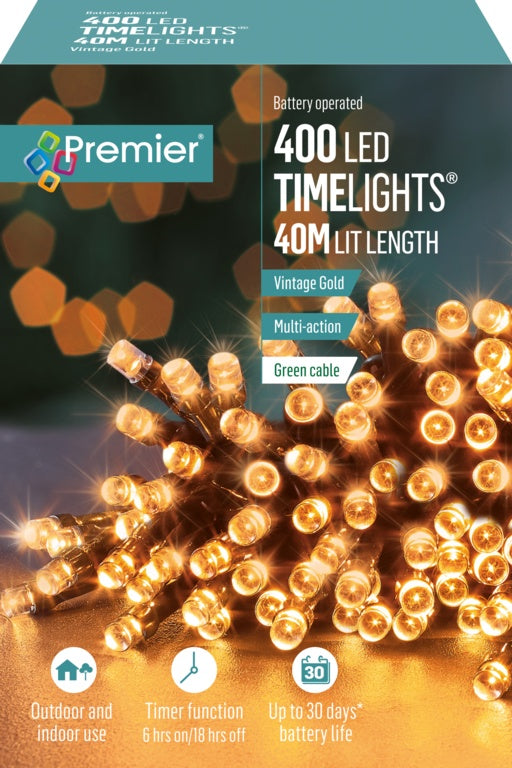 Premier Multi Action Battery Operated TIMELIGHTS™ 400 LED Vintage Gold/Green