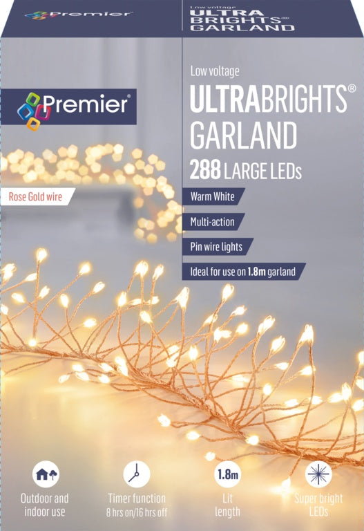 Premier Multi Action Ultra Brights Rose Gold Garland White 288 LEDs