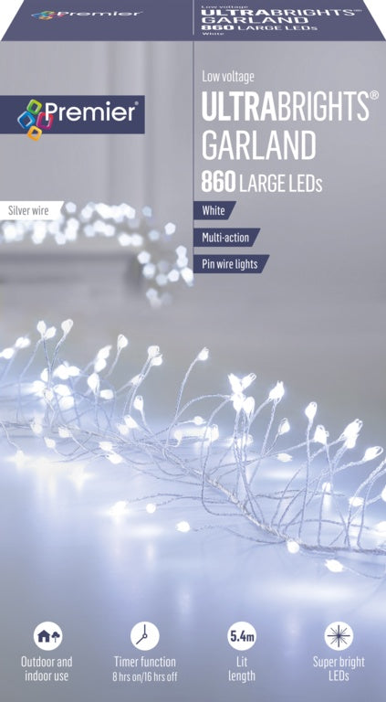 Premier Multi Action Ultra Bright Garland Silver Wire White 860 LEDs