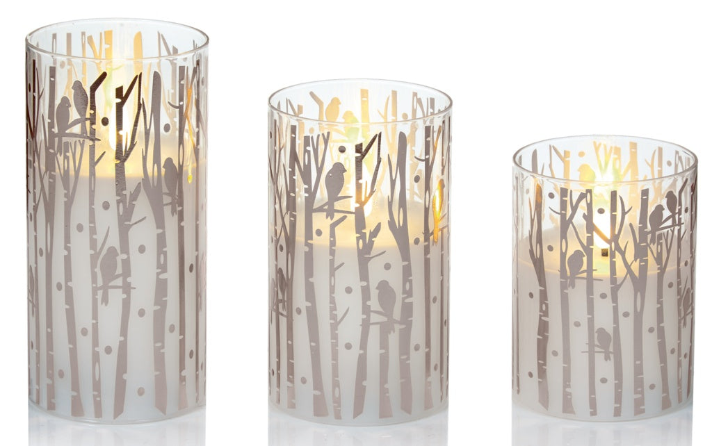 Premier Printed Glass Candles Woodland Silver Set 3