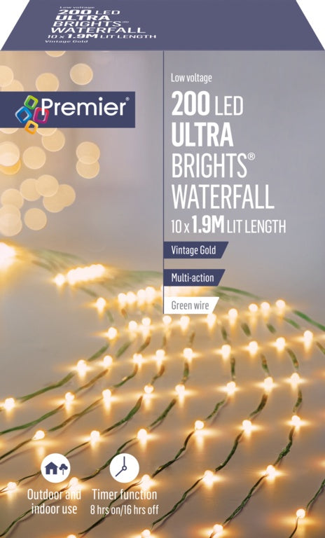 Premier Ultra Bright Waterfall 200 LEDs 2m Vintage Gold