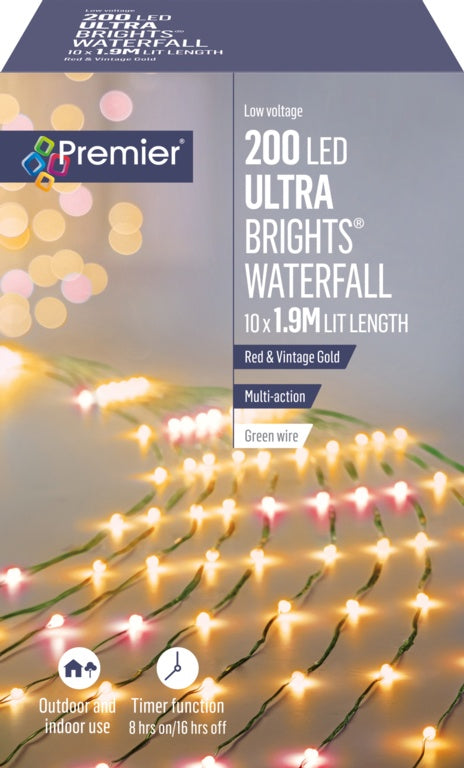 Premier Ultra Bright Waterfall 200 LEDs 2m Red/Vintage Gold