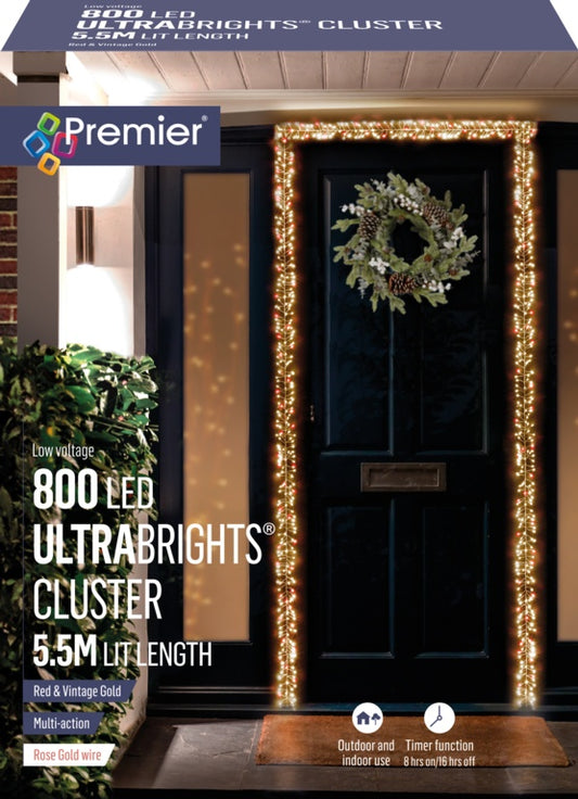 Premier 800 LED Rose Gold Ultra Bright Cluster Red & Vintage Gold 5.5m