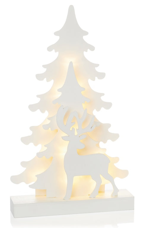 Premier Lit White Wooden Tree & Reindeer Warm White LEDs 43cm