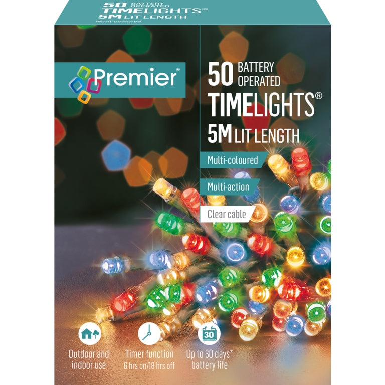 Premier Multi Action Battery Operated TIMELIGHTS™ 50 LED  Multi/Clear Cable