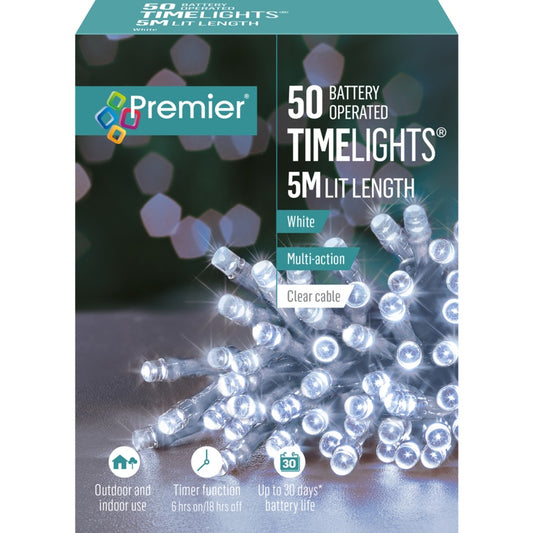 Premier Multi Action Battery Operated TIMELIGHTS™ 50 LED White/Clear Cable