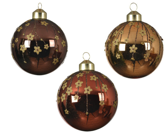 Kaemingk Glass Bauble Gold Flowers 8cm Assorted