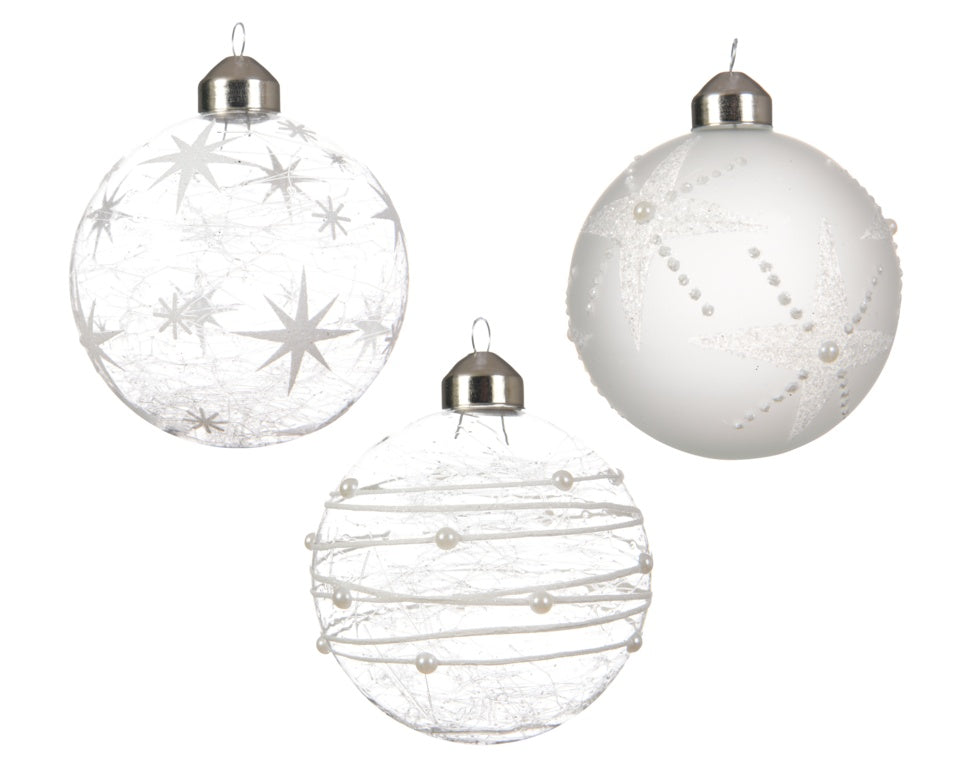 Kaemingk Glass Bauble White Glitter 8cm Assorted