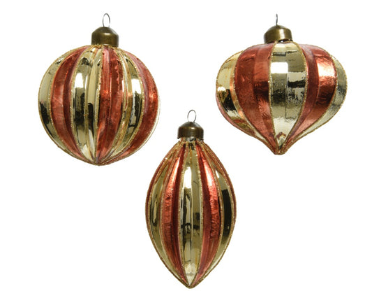 Kaemingk Glass Bauble Gold  With Glitter Lines 8cm Assorted