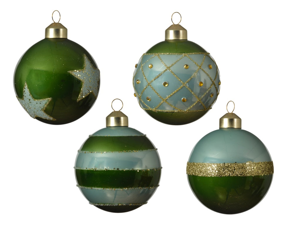 Kaemingk Glass Bauble Green Glitter 8cm Assorted