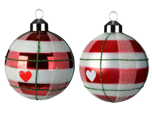 Kaemingk Glass Bauble 8cm Check Hearts Glitter