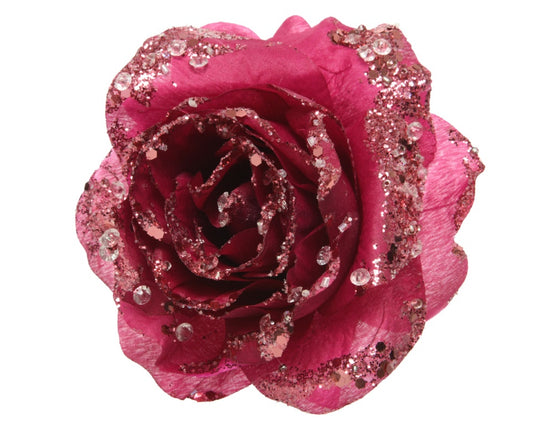 Kaemingk Rose On Clip Poly Glitters 5cm Magenta