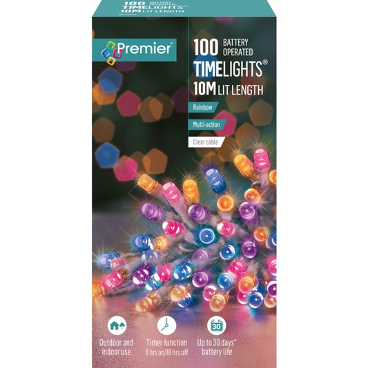 Premier Multi Action Battery Operated TIMELIGHTS™ 100 LED Rainbowi/Clear Cable