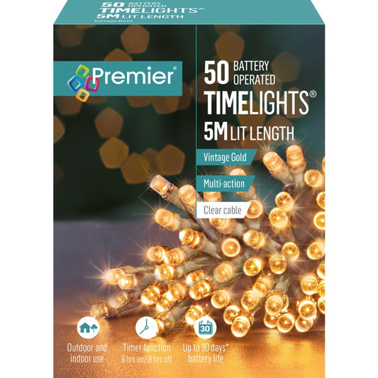 Premier Multi Action Battery Operated TIMELIGHTS™ 50 LED Vintage Gold/Clear Cable