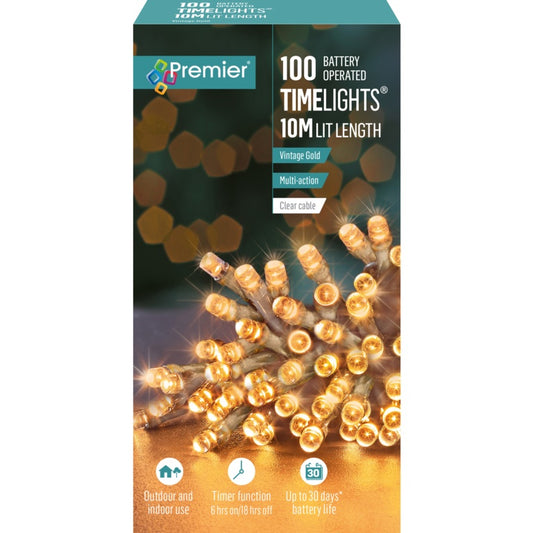 Premier Multi Action Battery Operated TIMELIGHTS™ 50 LED Vintage Gold/Clear Cable