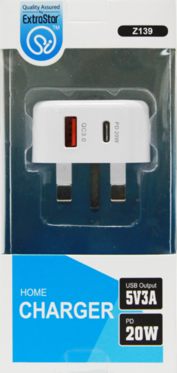 Extrastar USB + Type C Home Plug Charger White