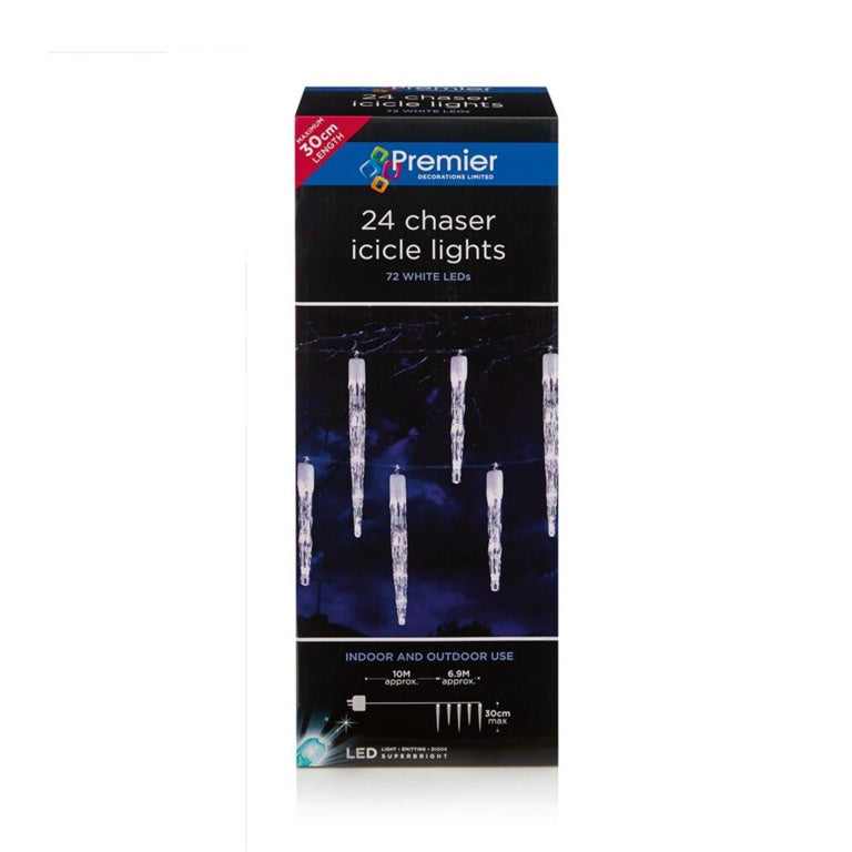 Premier 24 Chaser Icicles Lights With 72 LEDs White