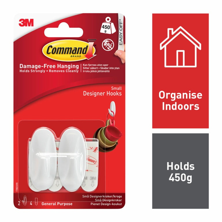 Command™ Small Designer Hooks 2 Hooks, 4 Small Strips